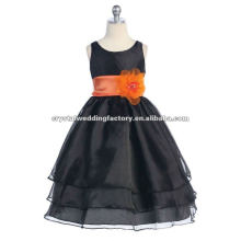 Reale Mitte zurück Reißverschluss schwarzes Kleid mit orange Schärpe 3 Ebenen Rock nach Maß formale Blumenmädchen Kleider CWFaf4276